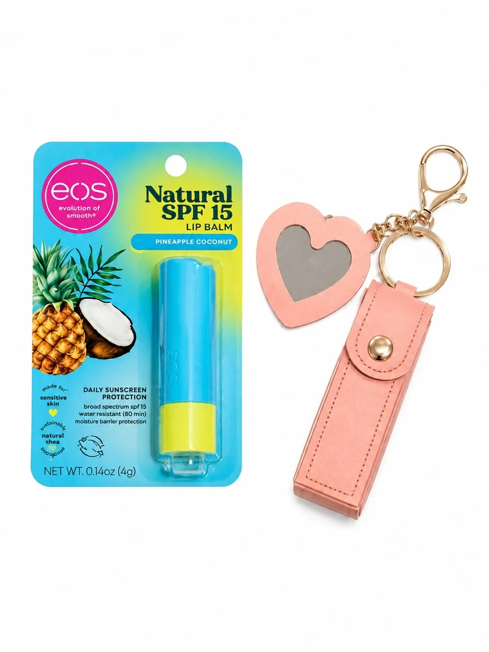 EOS SPF 15 Pineapple Coconut Lip Balm + Pink Heart Keychain Gift Set NWT